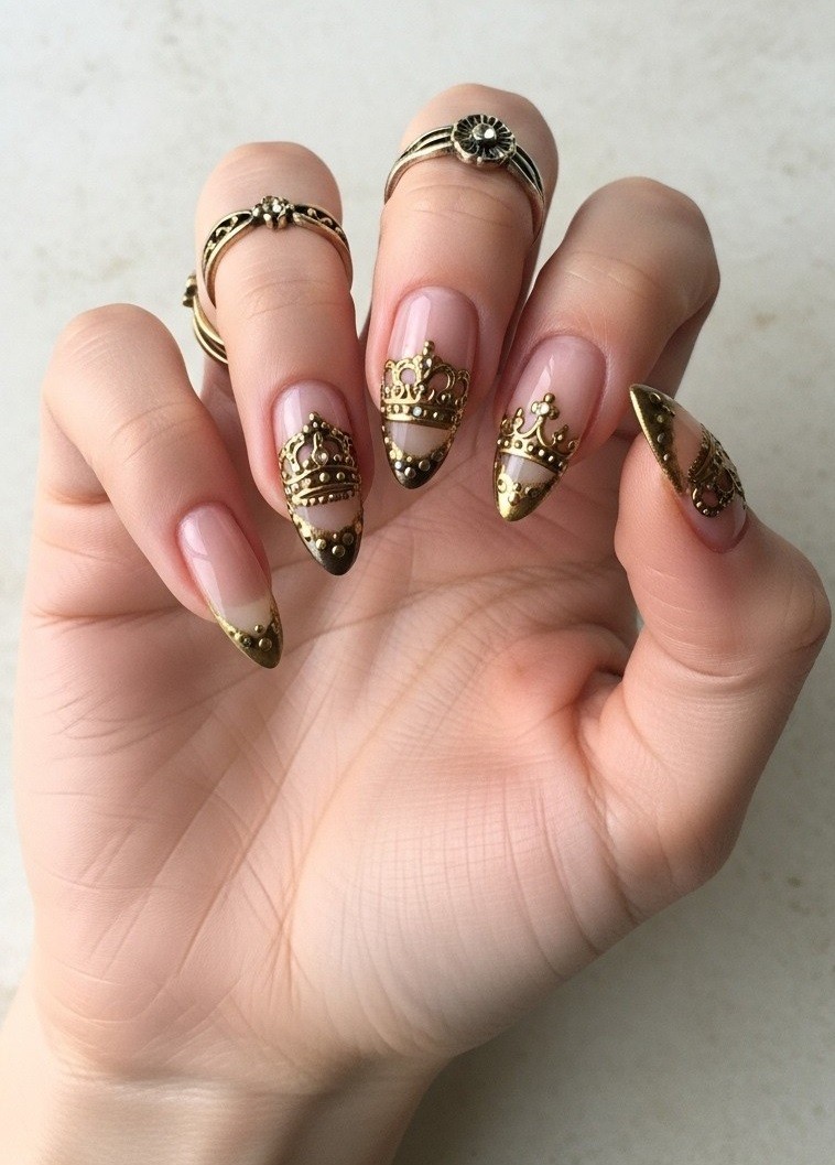 Natural hand with straight fingers showing full back, nails with original medieval-inspired gold tips featuring unique miniature crown nail art, delicate vintage gold rings, no visible clothing.