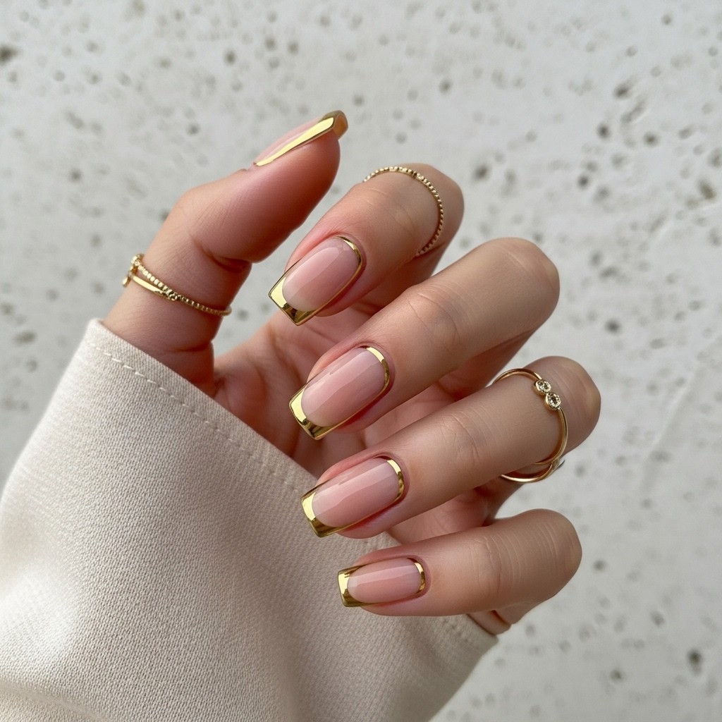 Nails with sheer base and sleek gold outline French tips on slender fingers, paired with cream flowy sleeves.