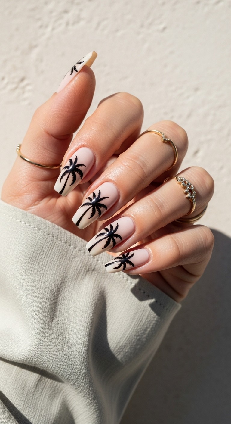A woman's hand with almond-shaped nails featuring hand-painted black palm tree silhouettes over a sunset ombré base, styled with gold rings and soft fabric sleeves against a neutral background.