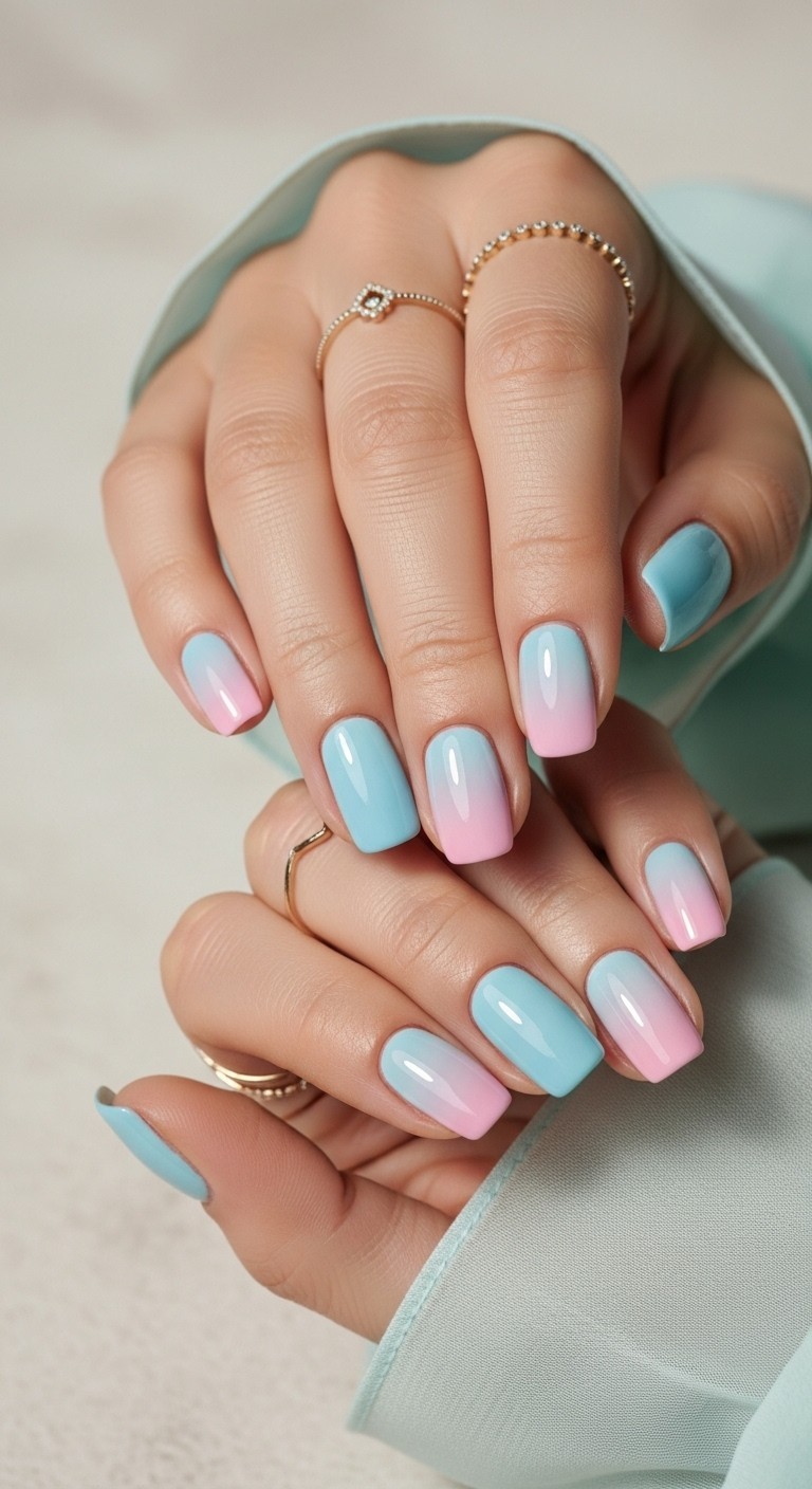 Close-up of a hand with pastel blue and pink gradient nails in glossy polish, styled with gold rings and soft fabric sleeves, set against a neutral, textured background.