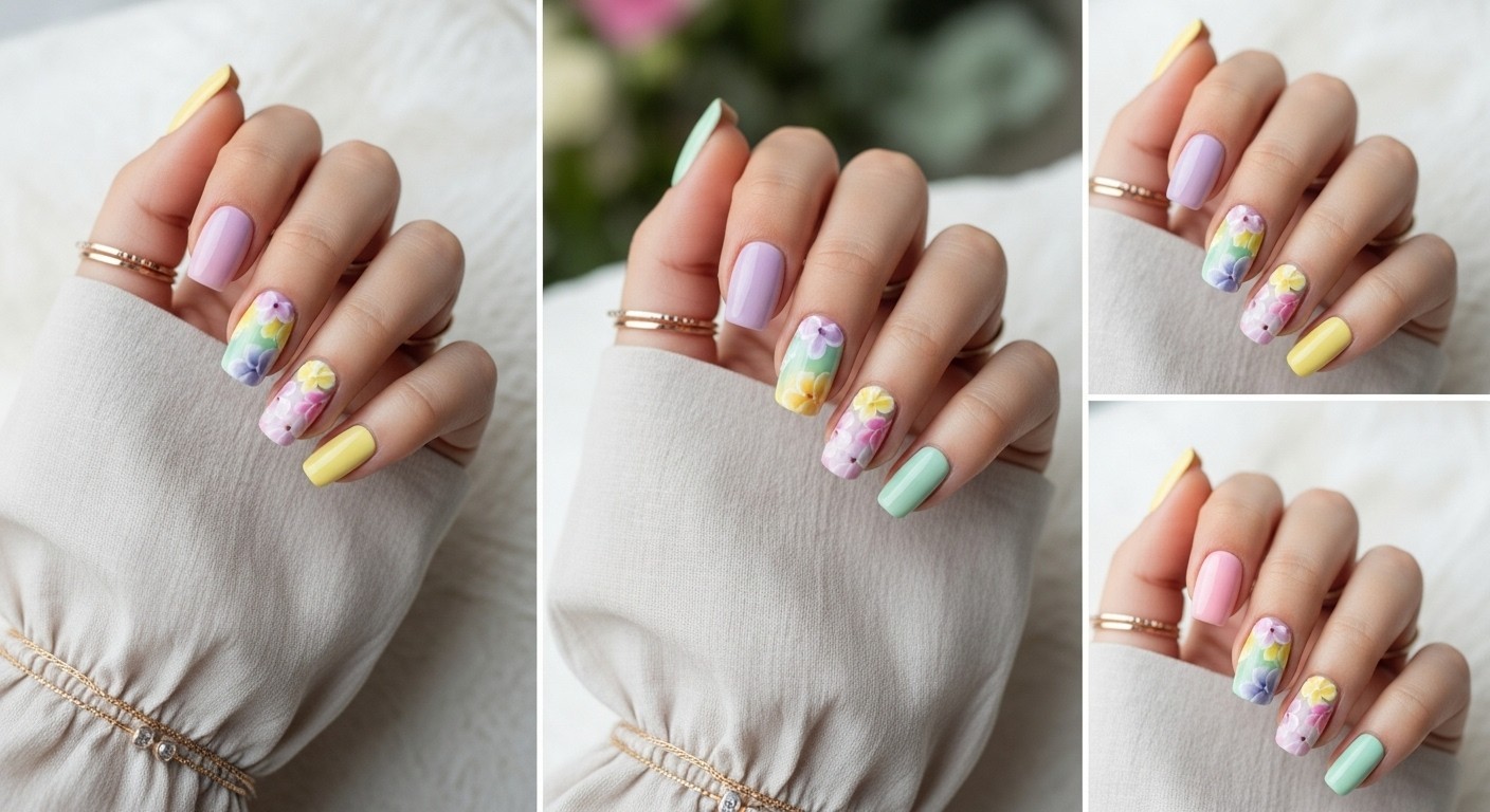 Natural hand with straight fingers displaying glossy pastel-colored nails decorated with soft floral designs in shades of yellow, lavender, pink, and mint, accessorized with minimal gold rings and light fabric sleeves.