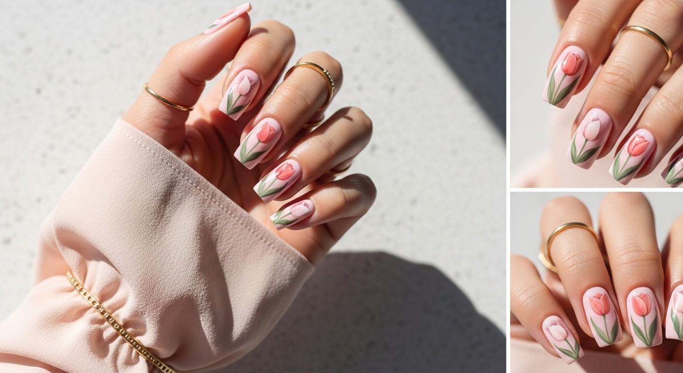 Natural hand with straight fingers displaying glossy pastel pink nails with delicate coral and blush tulip designs, accessorized with minimalist gold rings and soft peach fabric sleeve.