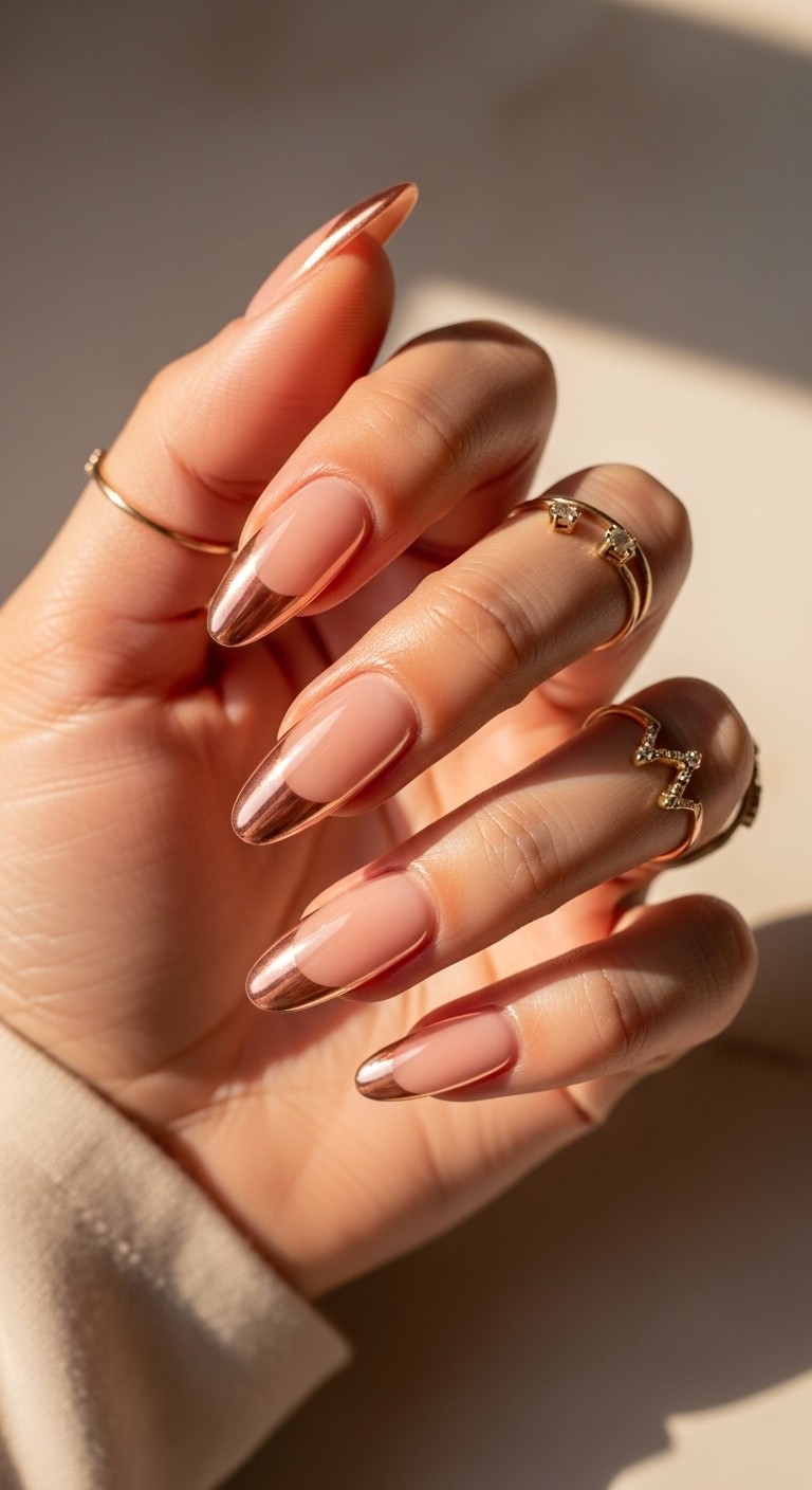 Almond-shaped nails with a sheer nude base and peach-tone chrome French tips on a naturally posed, fully visible hand.