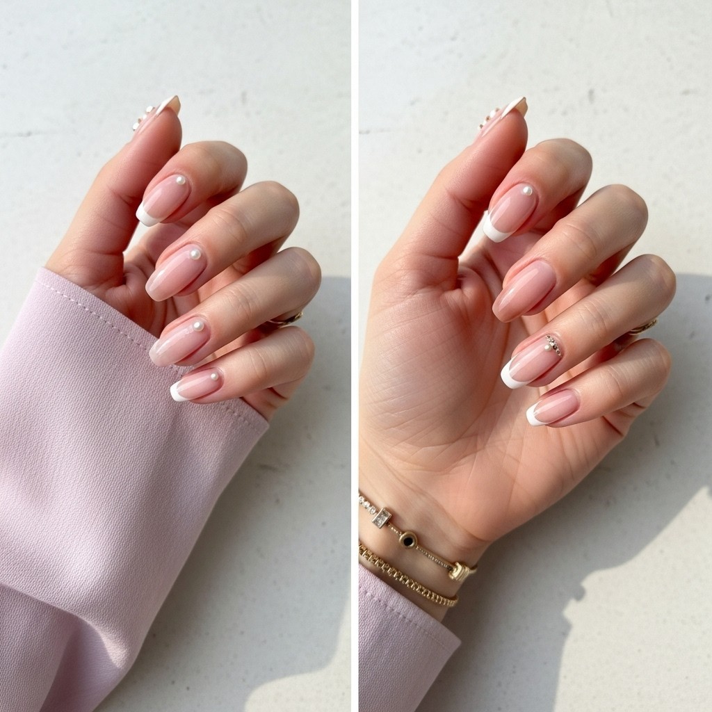 Soft nude nails with delicate pearl accents on thin fingers, styled with a pastel sleeve and subtle accessories.
