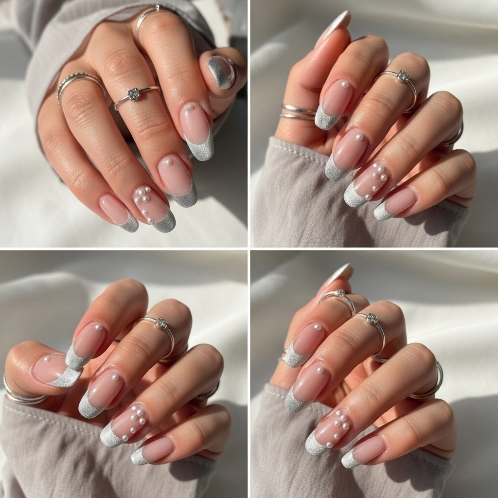 hand with oval nails featuring nude bases and matte silver velvet French tips accented with small pearl dots, accessorized with thin silver rings and soft neutral sleeves.