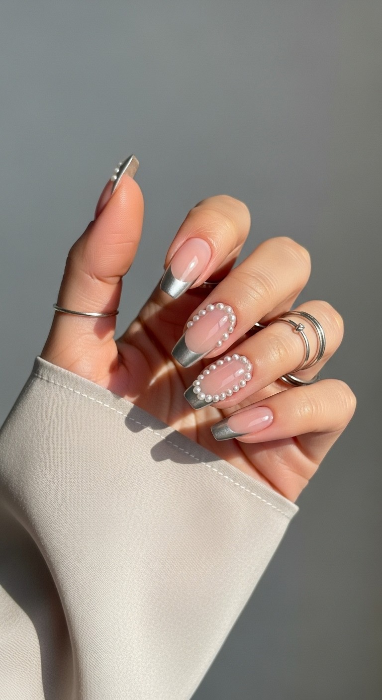 medium-length oval nails featuring sheer nude base and silver French tips decorated with small delicate white pearls