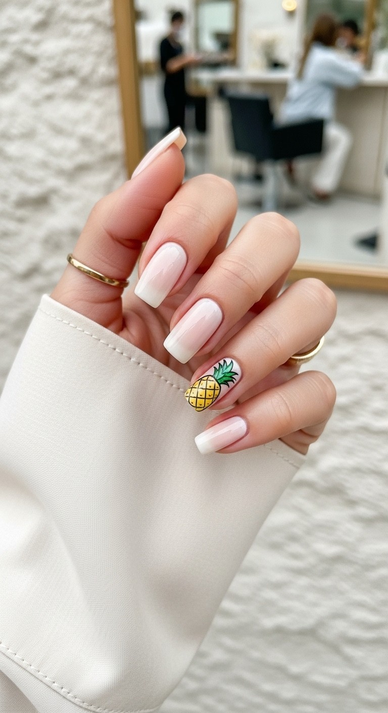Close-up of a well-moisturized hand with natural posture and glossy squoval nails, featuring a French ombre manicure with a hand-painted pineapple accent nail, framed by light fabric sleeves and gold rings, against a softly blurred Hawaiian beach and salon background.