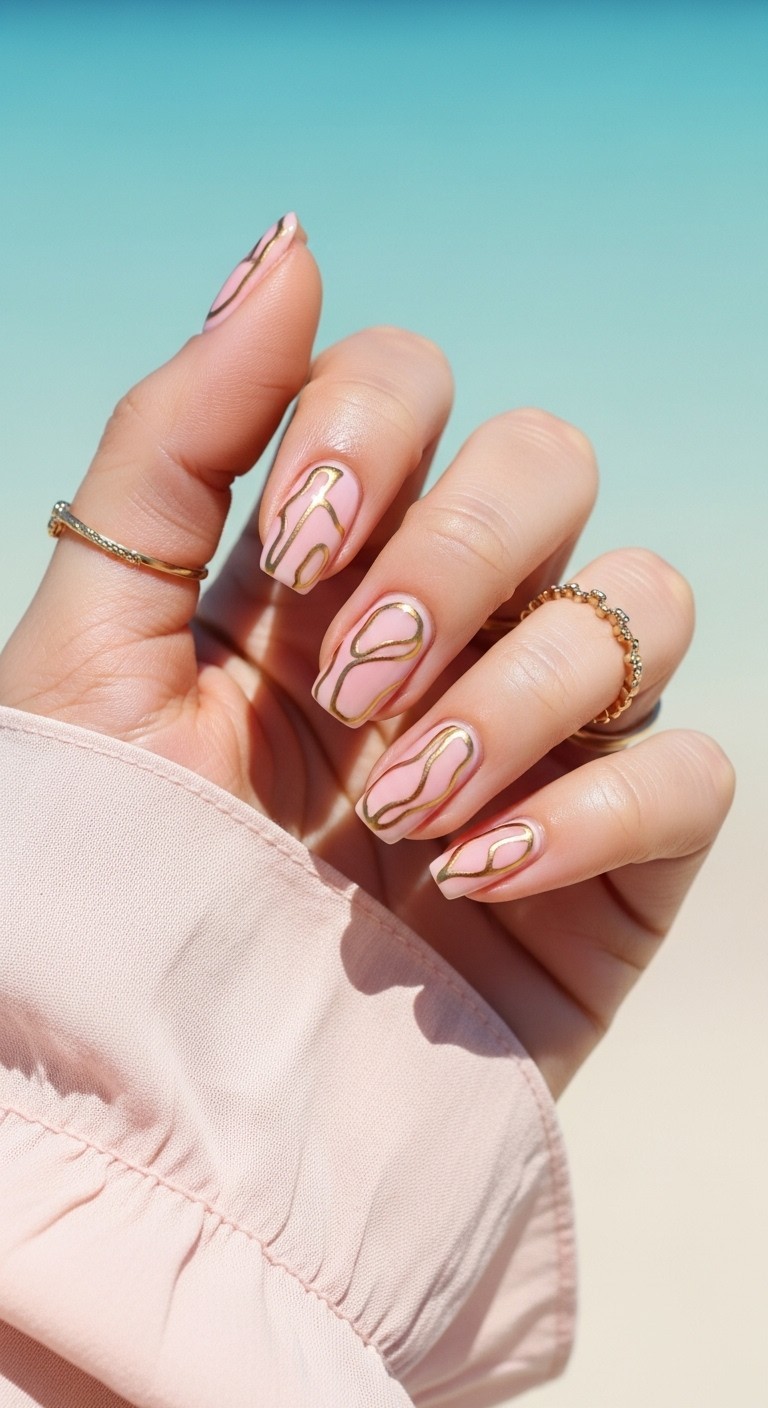 Close-up of a woman's hand with pink nails outlined in gold, adorned with delicate rings and posed naturally against a soft mint blue Hawaiian beach background.