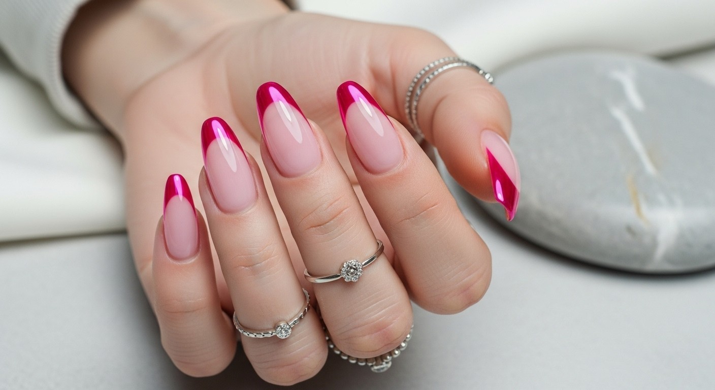 Almond-shaped nails with a sheer pink base and bold pink chrome French tips on a naturally posed, fully visible hand.