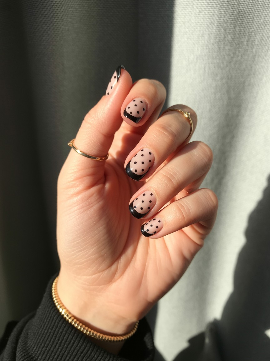 Close-up full back view of a natural hand with black French tip nails decorated with white polka dots, accessorized with gold rings, against a soft grey fabric background.