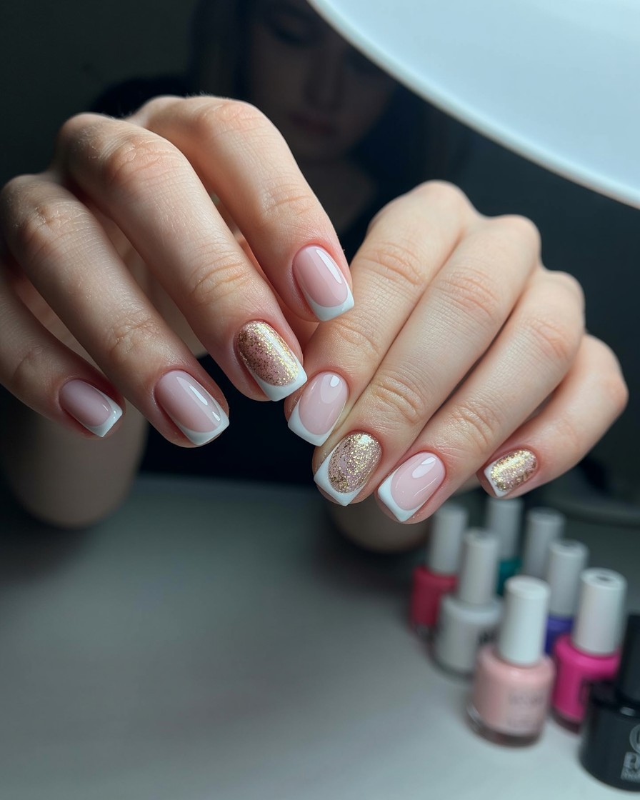 White French tip nails with soft pink base on the pinky and gold glitter outlining the tips, glossy finish in a stylish nail salon.