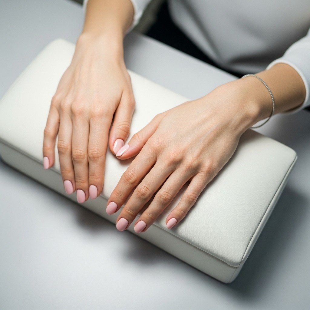 Palm-down hands with freshly painted nails positioned correctly for even nail polish drying.