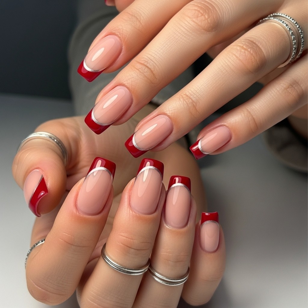 hands with nude nails featuring deep red French tips accented by a delicate silver line against a neutral background.