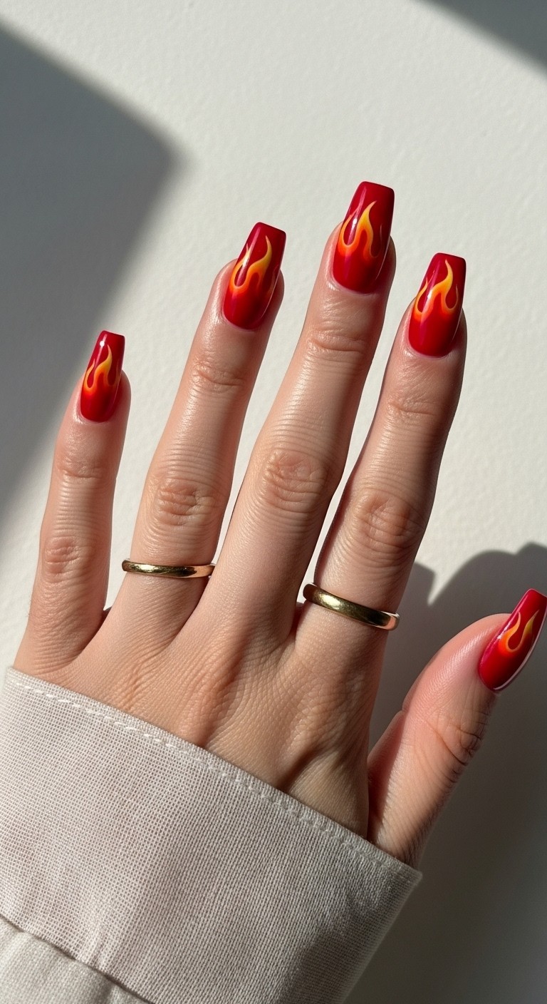 hand with naturally straight fingers showing medium-length nails with glossy vibrant red base and realistic hand-painted red, orange, and yellow flame designs on French tips, with natural skin texture and a delicate gold ring.