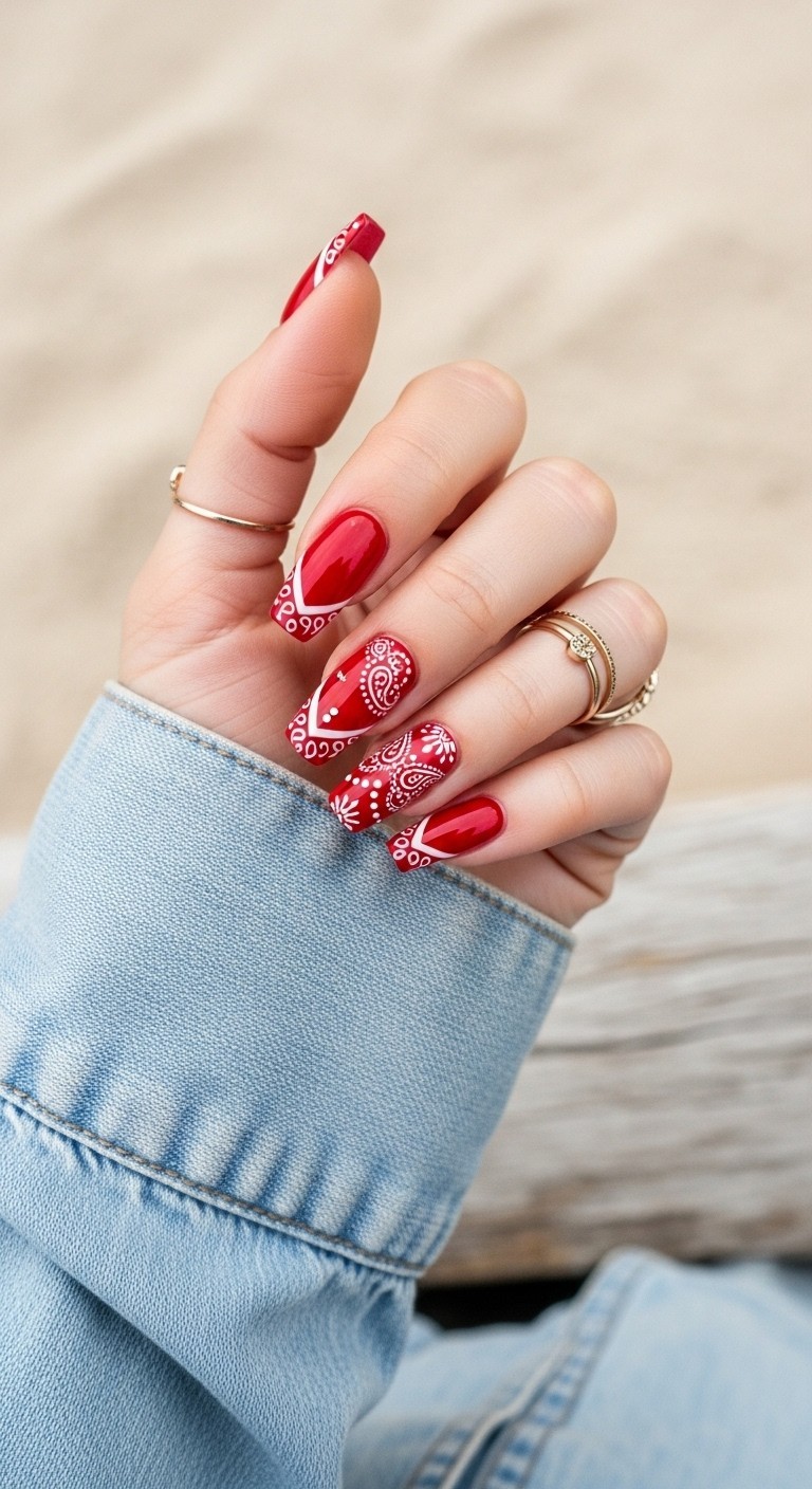 Red French tip nails with white Western bandana print details, styled on a relaxed hand with a light denim sleeve and rustic background.