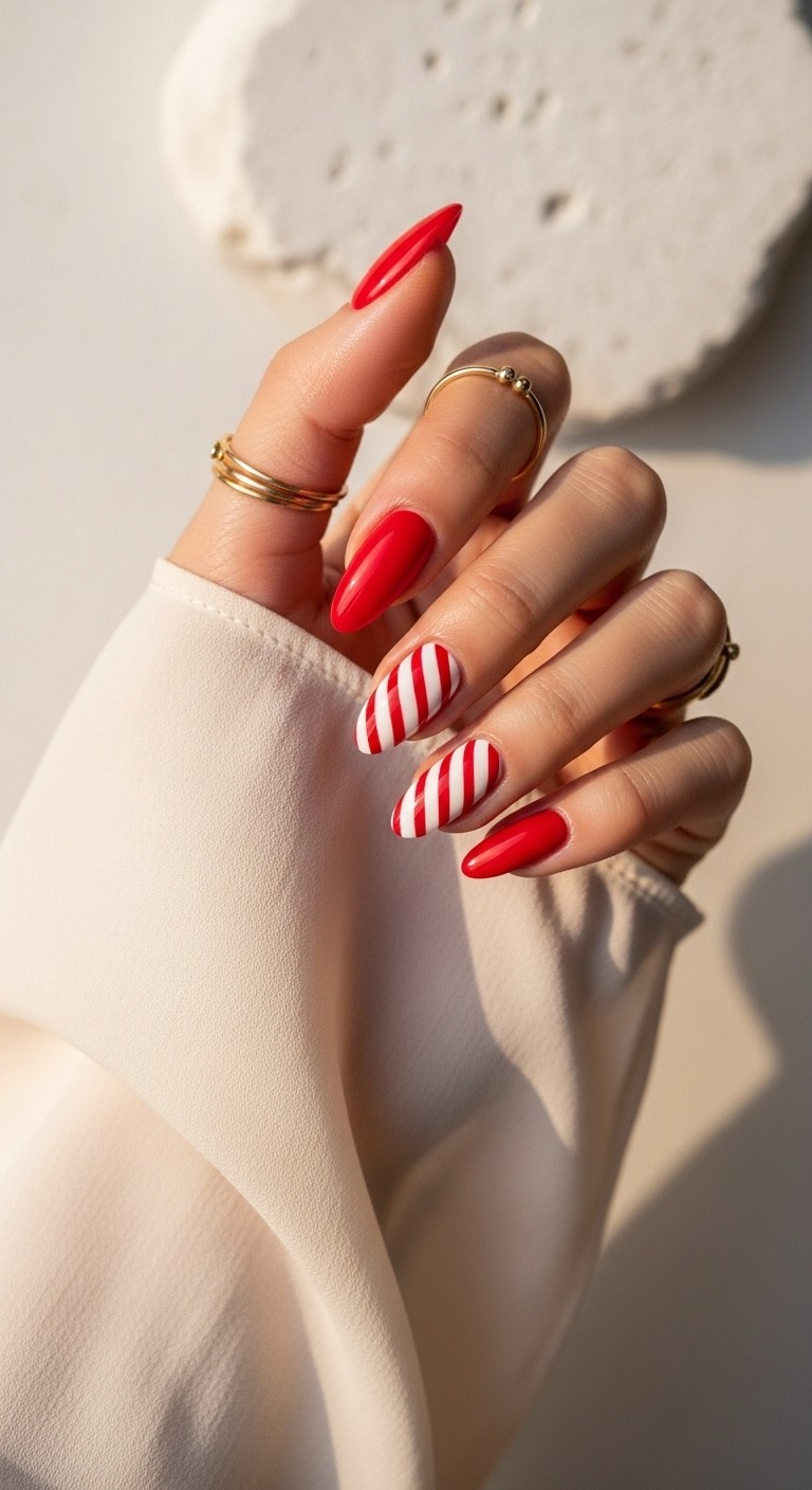 Red French tip nails with festive candy cane stripe accents on a relaxed hand, styled with soft lighting and a holiday-toned dress sleeve.