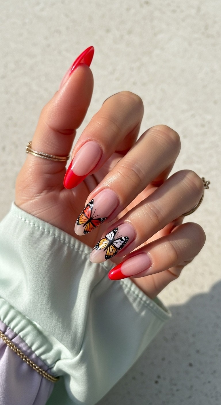 Hand with almond-shaped nails featuring red French tips and delicate hand-painted butterfly accents on a sheer nude base, styled with soft lighting and minimal gold jewelry.
