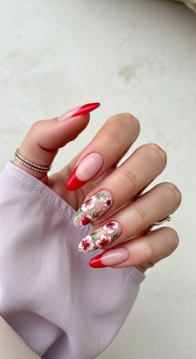 Hand with almond-shaped nails featuring red French tips and delicate hand-painted floral designs on a sheer nude base, styled with soft lighting and minimal gold accessories.