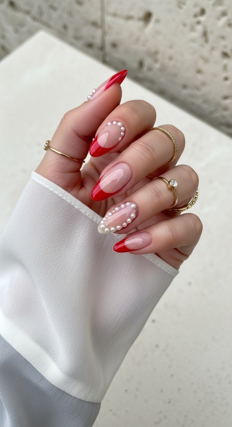 Elegant hand with almond-shaped nails featuring red French tips and small pearl accents on a sheer nude base, styled with soft lighting and minimal gold jewelry.