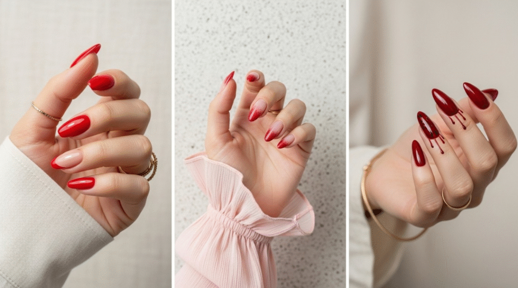 triptych showing three distinct red French tip nail designs on medium-length nails: classic glossy red almond tips, glamorous blinged-out red tips with rhinestones and a gold ring, and edgy blood drip red tips on square nails, all set against a neutral off-white textured fabric background.
