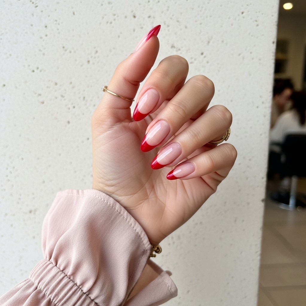Full hand with almond nails featuring reverse French design—bold red polish at the nail base and sheer nude tips, styled with soft sleeve and gold ring.