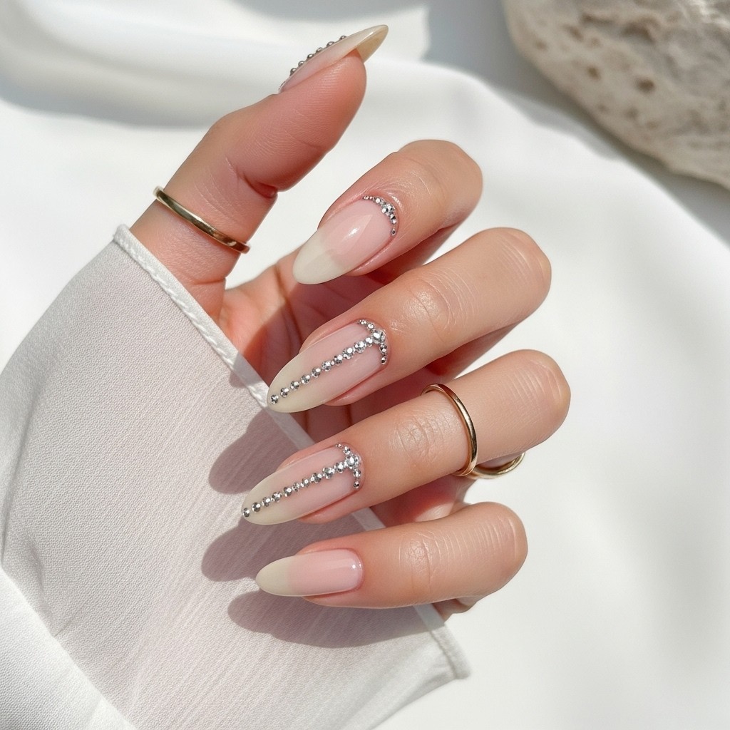 Minimal nude nails with delicate rhinestone accents, shown on thin fingers with a soft, airy sleeve.

