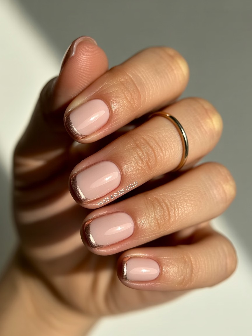 Hand with glossy nude nails and shimmering rose gold tips.

