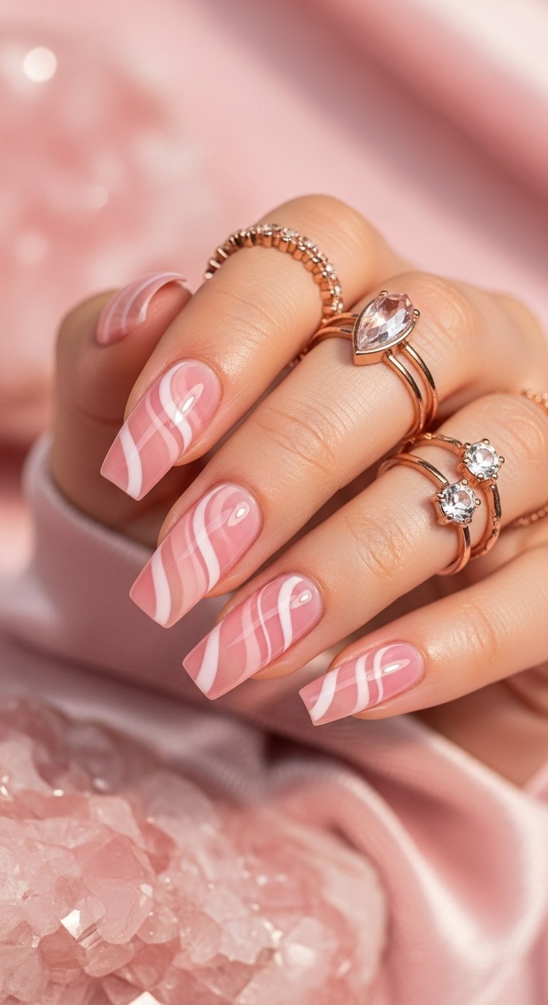 Rose quartz-inspired French swirl nails in soft pink and white, paired with rose gold rings and a blush-toned background.