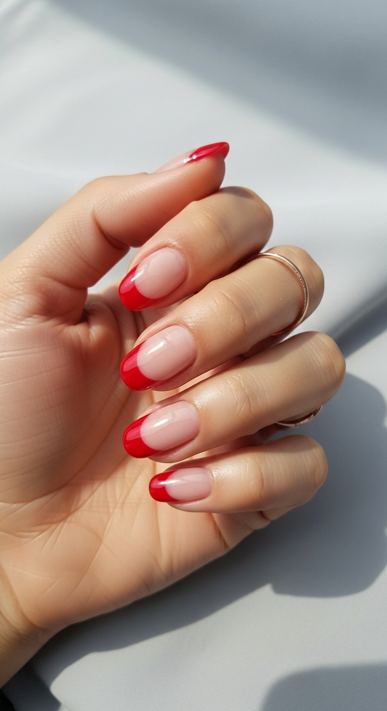 Hand with naturally rounded nails featuring glossy cherry red French tips, styled with a thin rose gold ring.