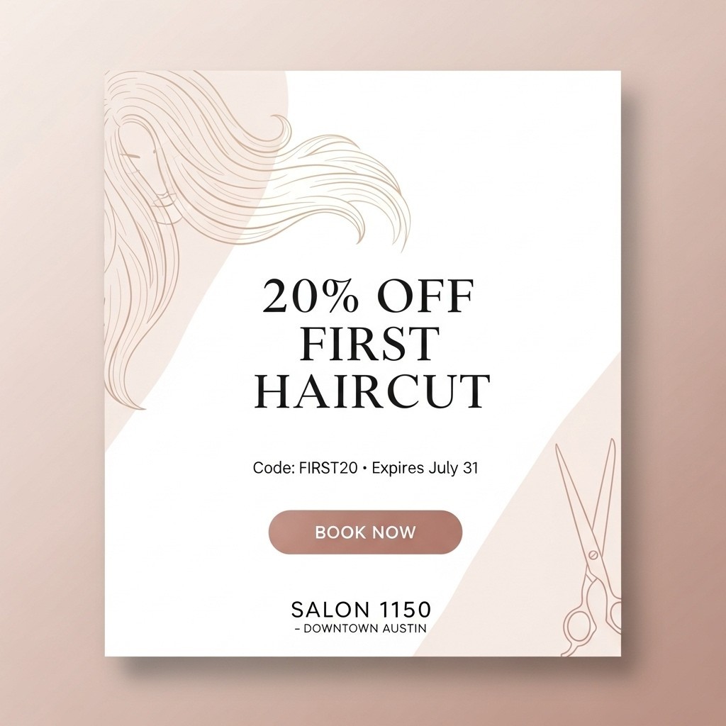 Digital coupon image for Salon 1150 offering 20% off a first haircut, with soft blush tones, scissors illustration, and “FIRST20” promo code displayed.