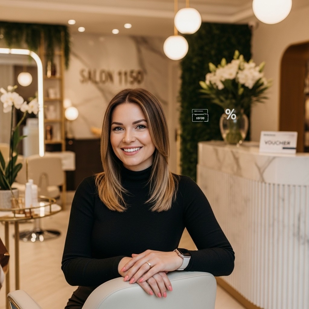 A stylish woman with freshly done hair and manicured nails smiles confidently while seated in a modern, upscale salon. The space features soft lighting, marble surfaces, gold accents, and lush greenery. A small percentage symbol in the background hints at a promotion, adding a subtle touch of exclusivity.