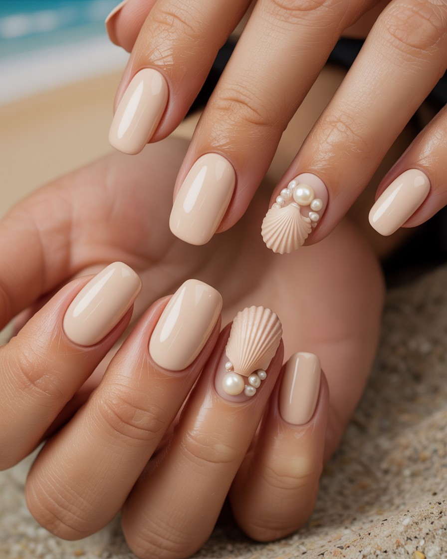Glossy sandy nude nails with seashell and pearl accents, perfect for a June beach-inspired manicure.