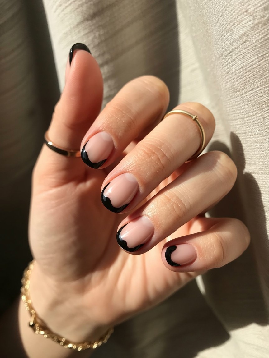 Hand with black scalloped French tip nails over a nude base, accented with gold rings and a delicate bracelet on a soft off-white background.