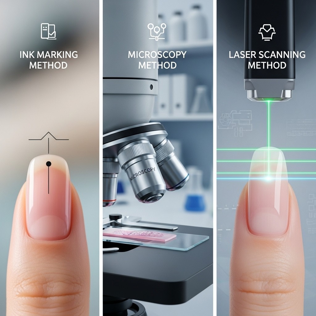 Triptych showing three scientific methods to measure nail growth: ink dot on fingernail, nail under a lab microscope, and laser scanning illustration on a nail surface.