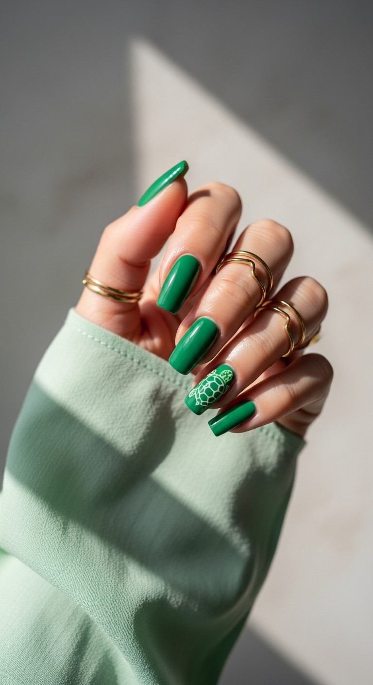 Hand-painted sea turtle-inspired green nails with natural polish texture, shown on a well-moisturized hand with gold rings and a soft, neutral background.