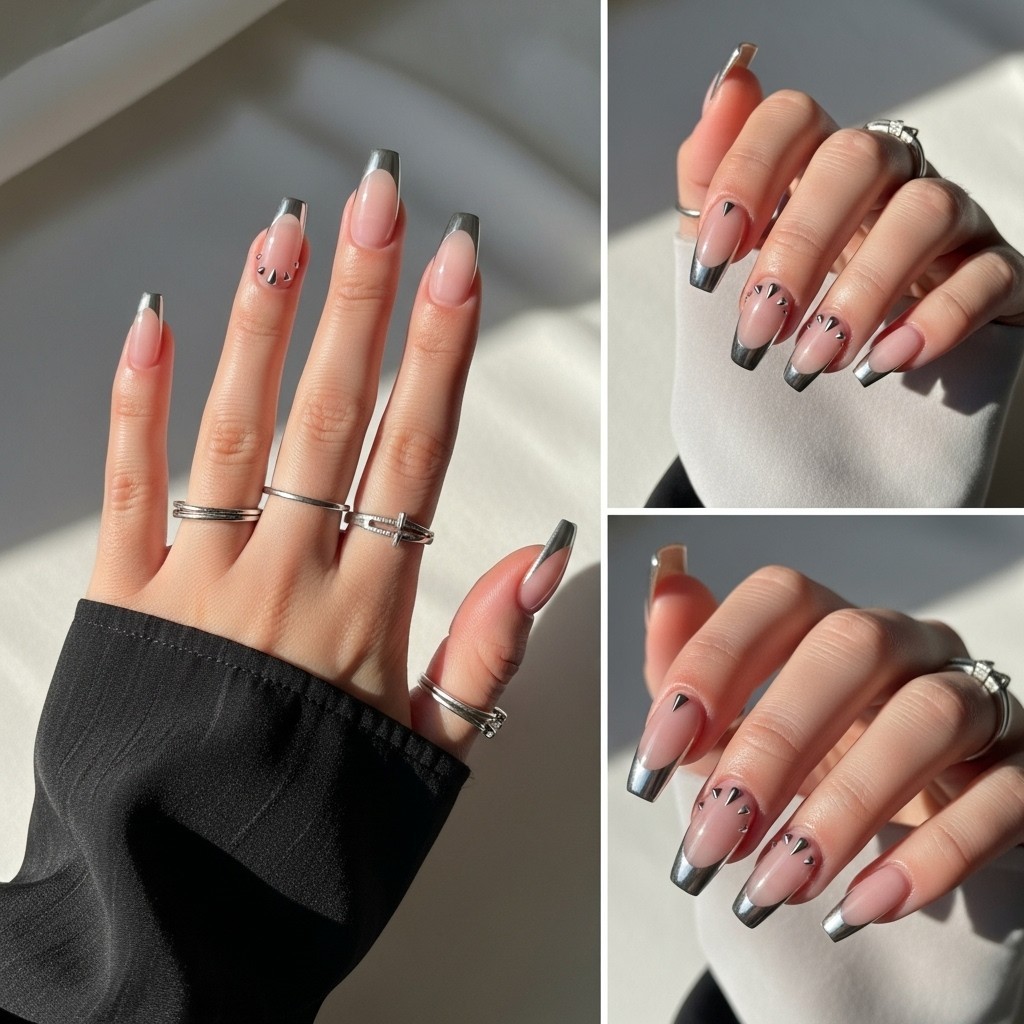 hand with square nails featuring nude bases and silver chrome French tips accented with delicate hand-painted silver spike designs, accessorized with thin silver rings and soft neutral sleeves.