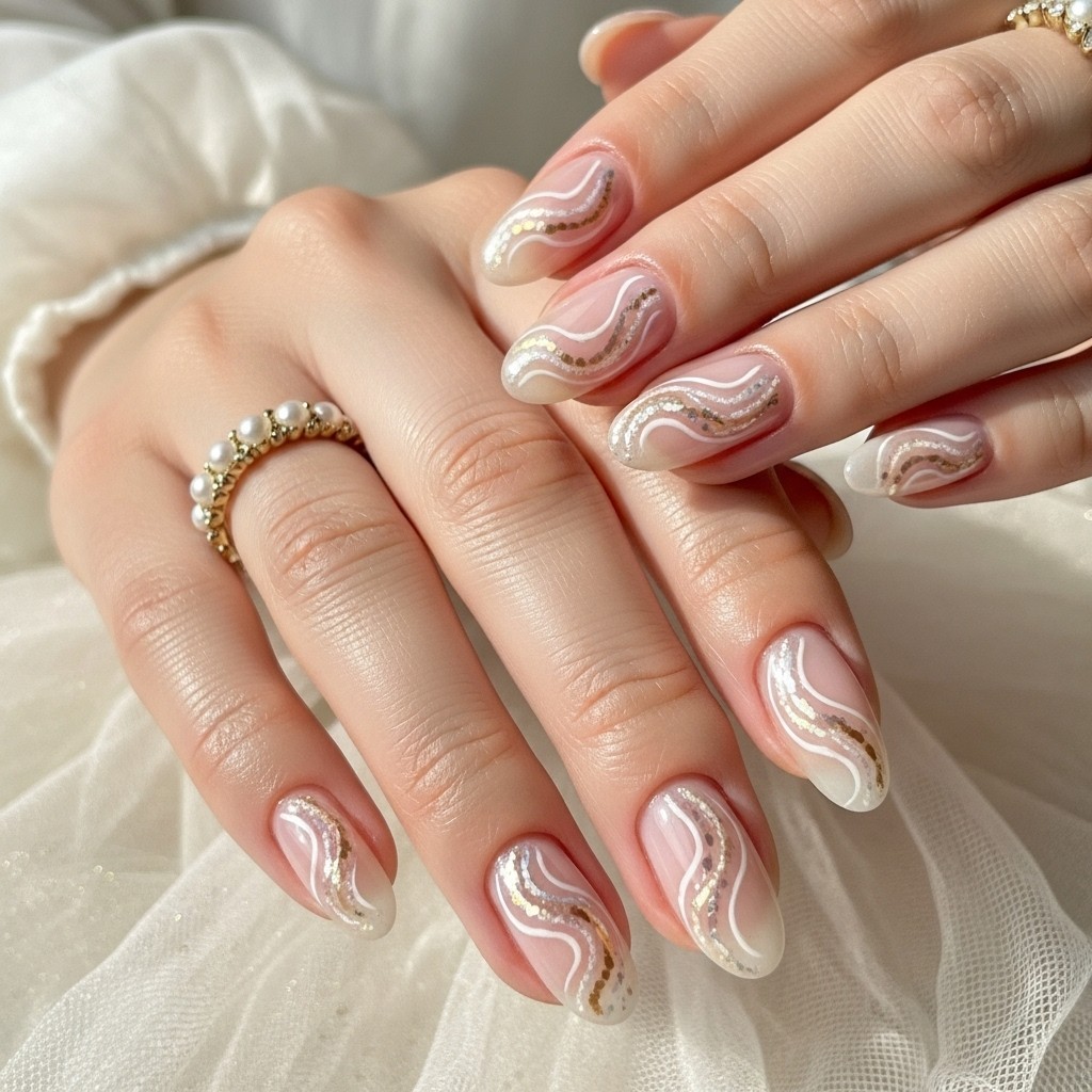 Shimmer swirl nails with soft metallic or pearlescent swirls over a nude base, styled on a manicured hand with delicate gold jewelry