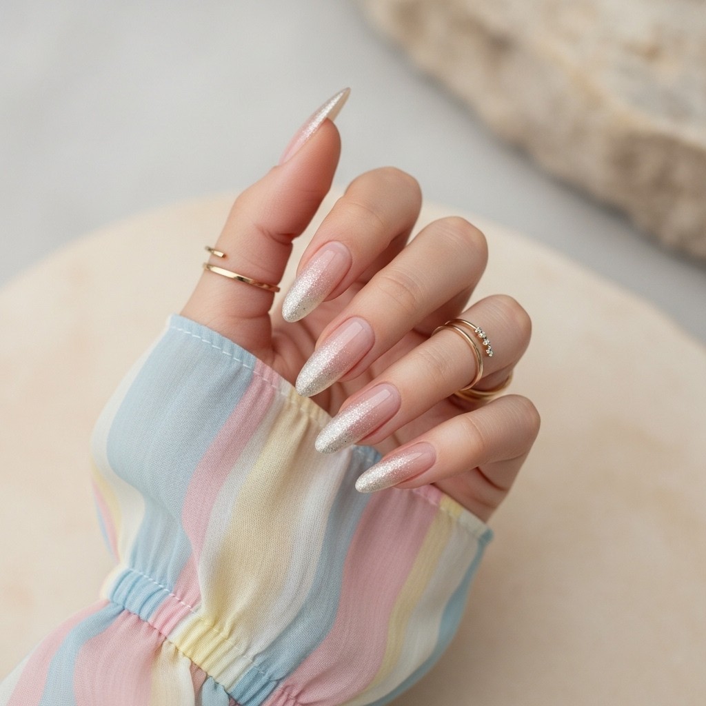 Elegant ombré nails with a soft nude-to-shimmer gradient, styled with a flowy pastel sleeve and soft lighting.

