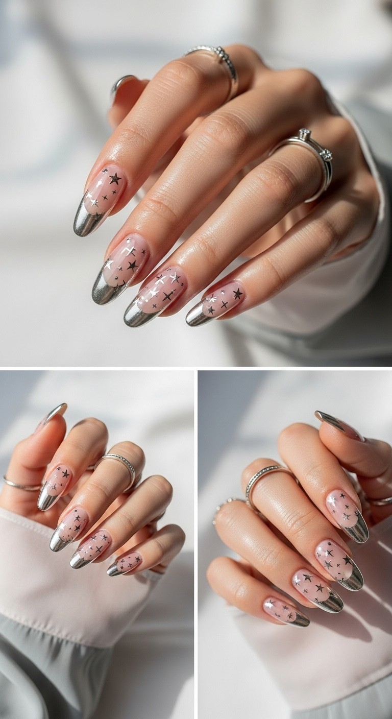 nails featuring nude bases, silver chrome French tips, and delicate silver star decals, accessorized with thin silver rings and soft pastel sleeves