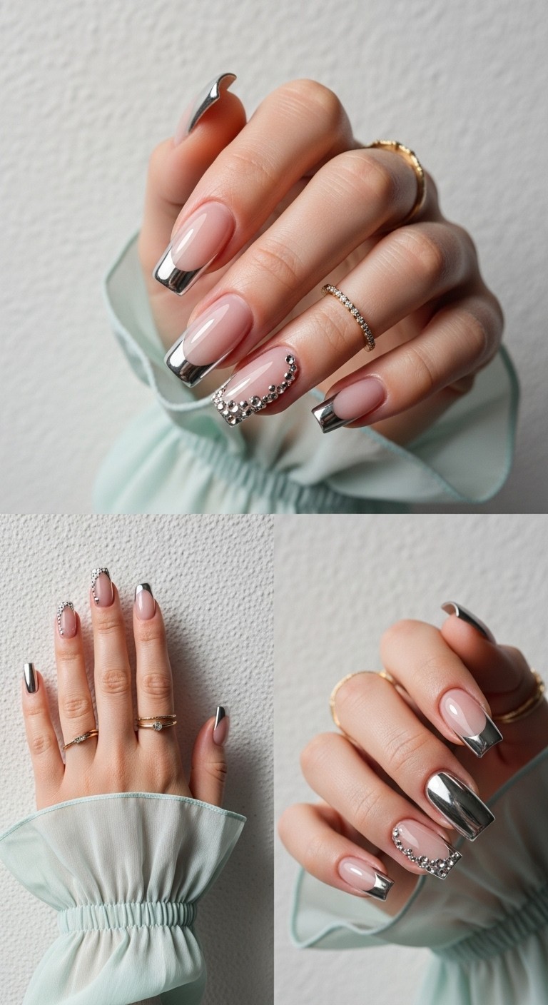 Close-up of a natural hand with square nails featuring a nude base and silver chrome French tips adorned with sparkling silver crystals, accessorized with delicate gold rings and soft pastel sleeves.