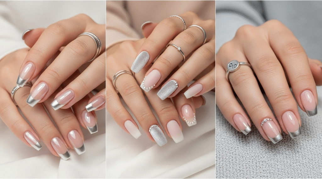 Triple-panel image showcasing three unique silver French tip nail designs on natural hands: classic glossy silver tips on sheer nude base, pearl-dotted silver velvet matte tips, and silver chrome tips with subtle crystal accents. Each hand features minimalist silver rings and soft neutral backgrounds.