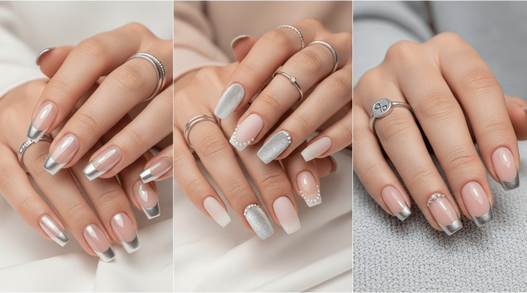 Triple-panel image showcasing three unique silver French tip nail designs on natural hands: classic glossy silver tips on sheer nude base, pearl-dotted silver velvet matte tips, and silver chrome tips with subtle crystal accents. Each hand features minimalist silver rings and soft neutral backgrounds.
