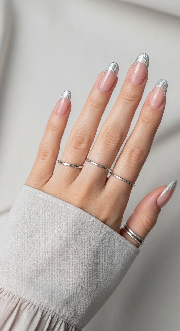 Natural female hands with nude nails featuring subtle silver holographic French tips shimmering softly against a neutral background.