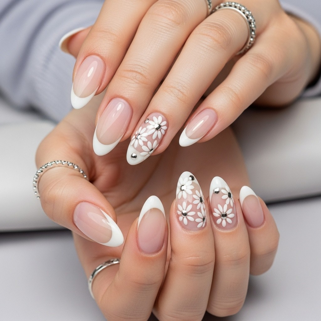 almond-shaped nails featuring nude bases, soft white accents, and dainty white daisy flowers with silver centers for a fresh, floral nail desig