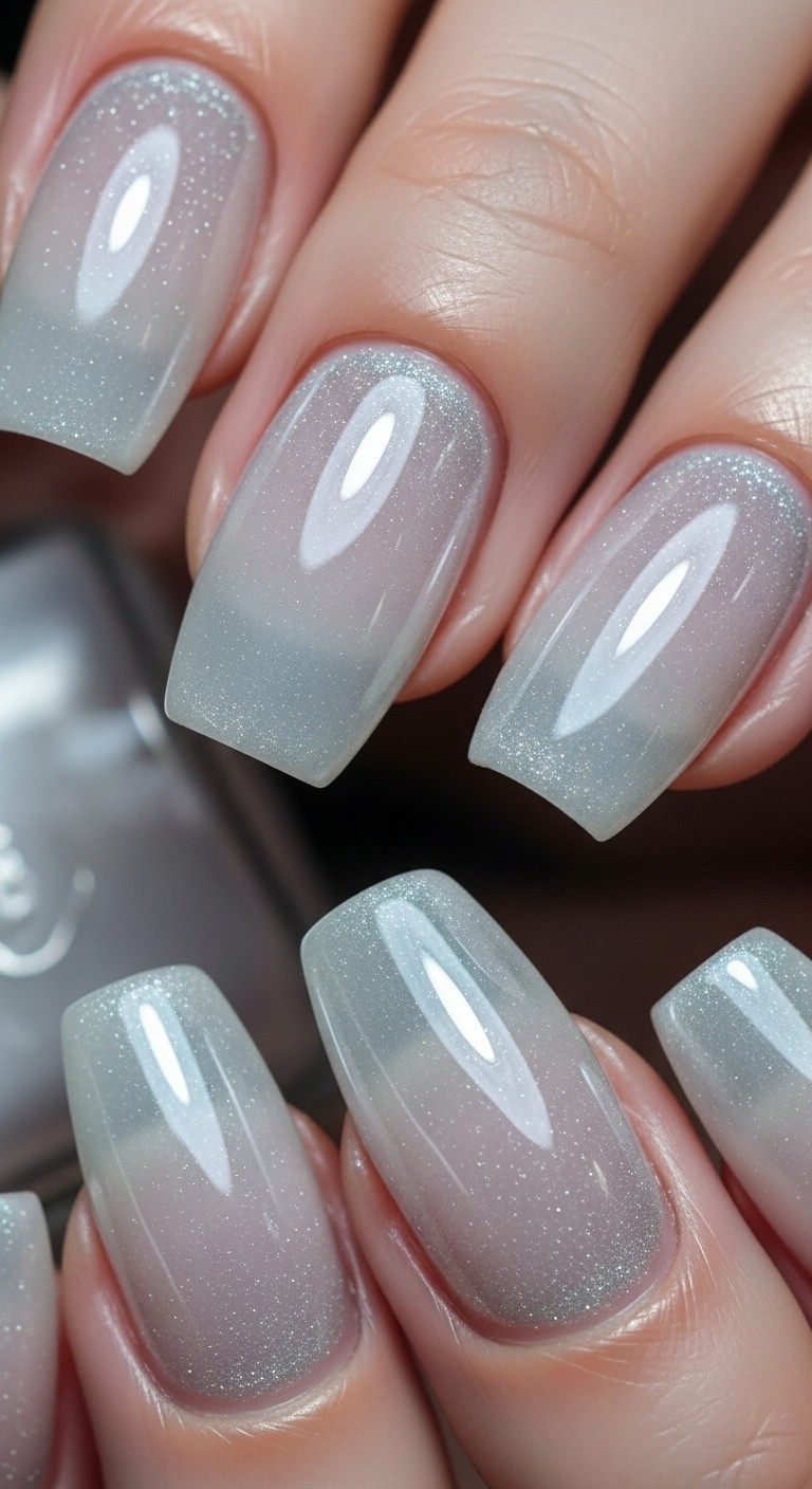 Close-up of almond-shaped nails with a translucent milky white base and high-shine silver chrome glaze, creating a frosted glazed donut effect with reflective shimmer.


