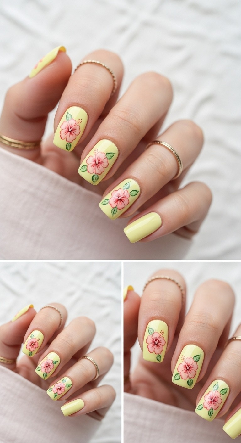 Natural hand with straight fingers featuring glossy pastel yellow nails with simple coral hibiscus flower accents and minimal green leaves, accessorized with thin gold rings and a soft cream sleeve.