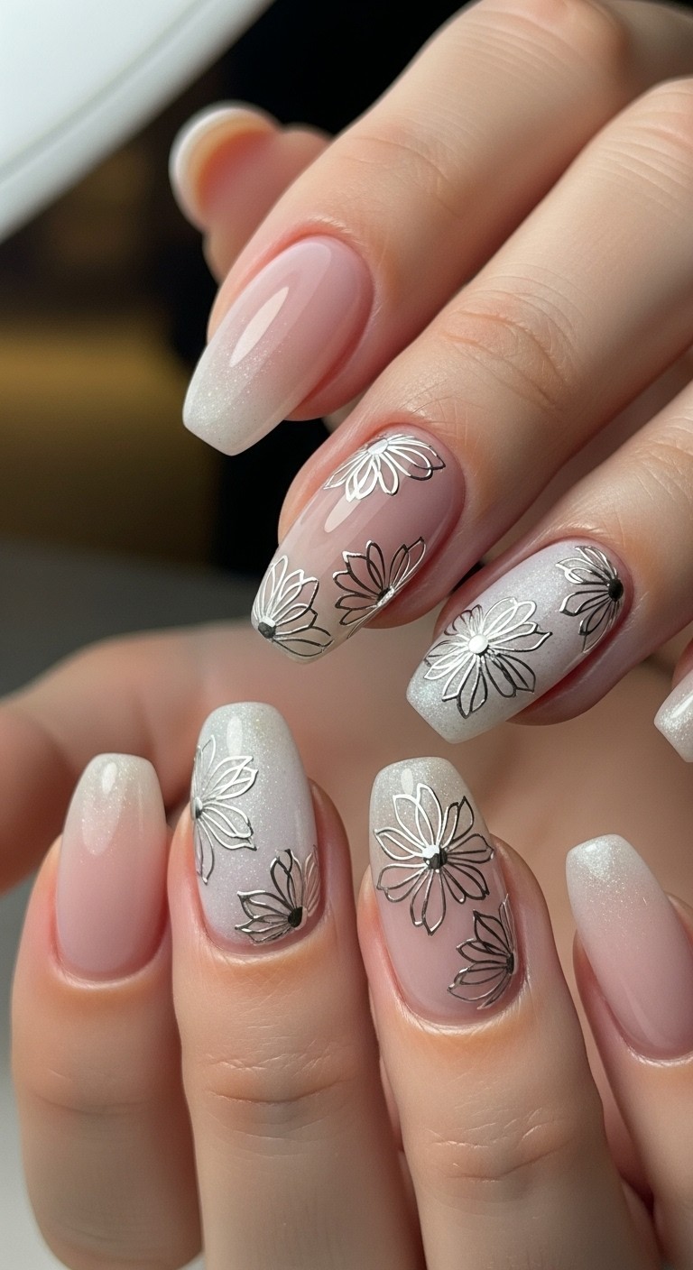 nails with a soft nude base and delicate thin silver floral accents on accent nails, finished with a subtle shimmer topcoat