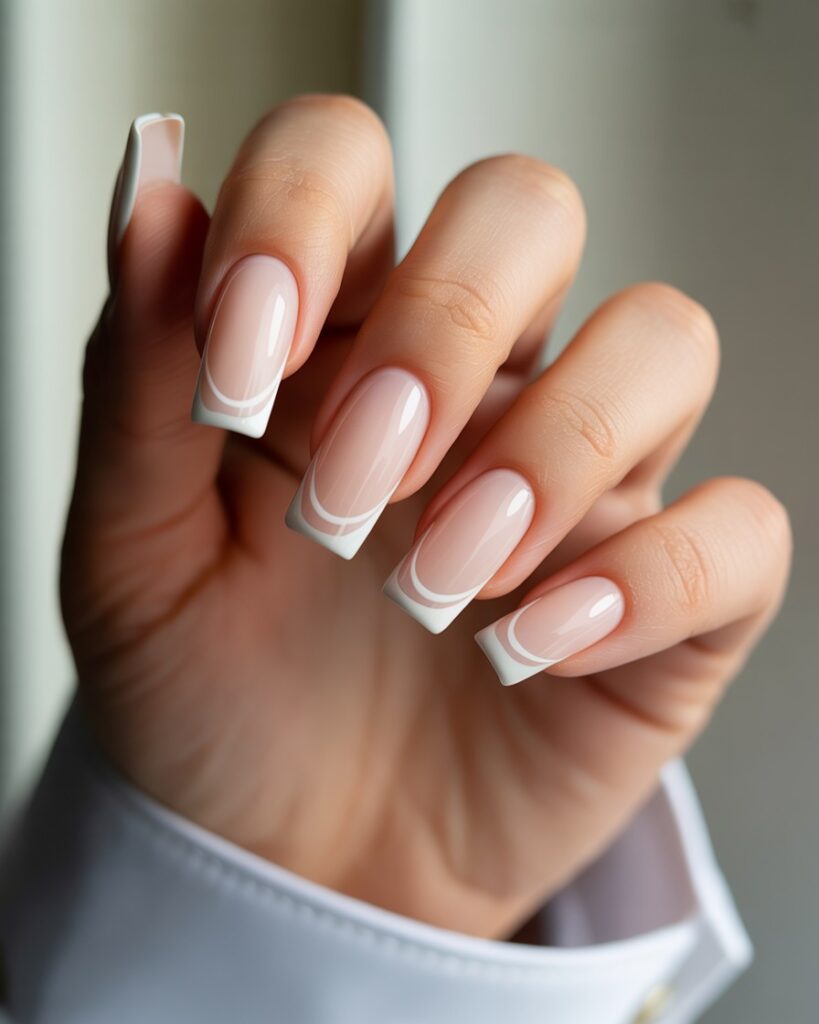 Close-up of coffin-shaped nails with nude base and slim, precise white French tips, glossy finish, minimalist and modern manicure.
