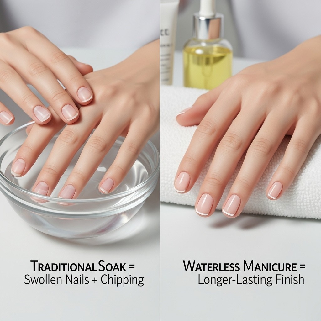 Side-by-side image comparing traditional soaking (hand in water with dull, lifting nails) versus a waterless manicure (dry, healthy nails with glossy polish) to show why soaking weakens nails.