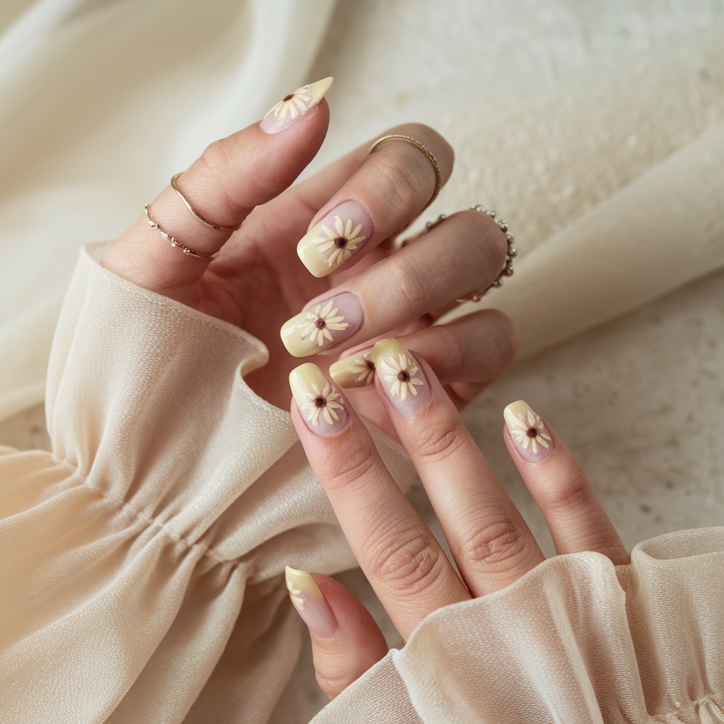 hand with straight fingers showing glossy soft butter yellow nails with delicate pastel sunflower designs, accessorized with thin gold rings and soft cream fabric sleeve.